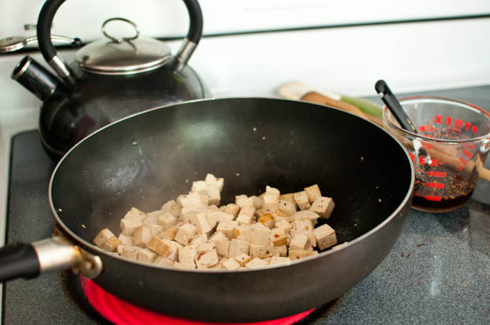 Cooking tofu for Pad Thai Cooking tofu for Pad Thai