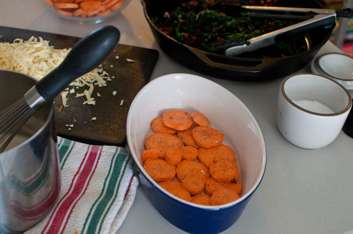 Assembling our swiss chard and sweet potato gratin