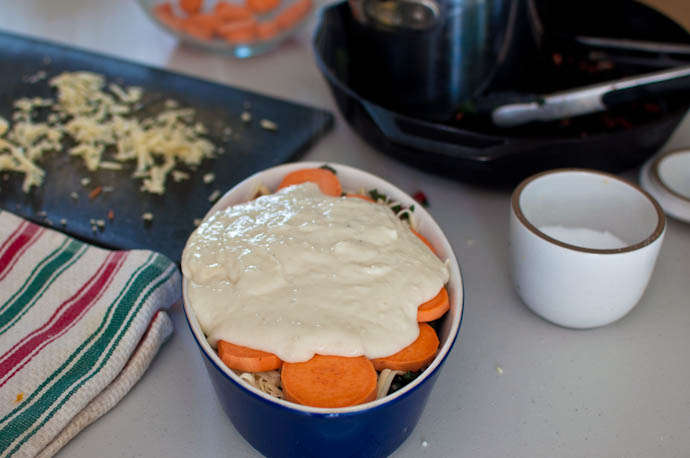Swiss chard and sweet potato gratin topped with bechamel