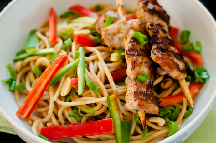 Peanut-sesame noodles with chicken satays