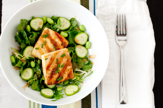Miso-Soy Glazed Tofu with Edamame, Cucumber, Mixed Green Salad by Cook Smarts