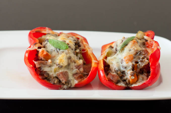 Leftover lentil and sausage soup stuffed into peppers