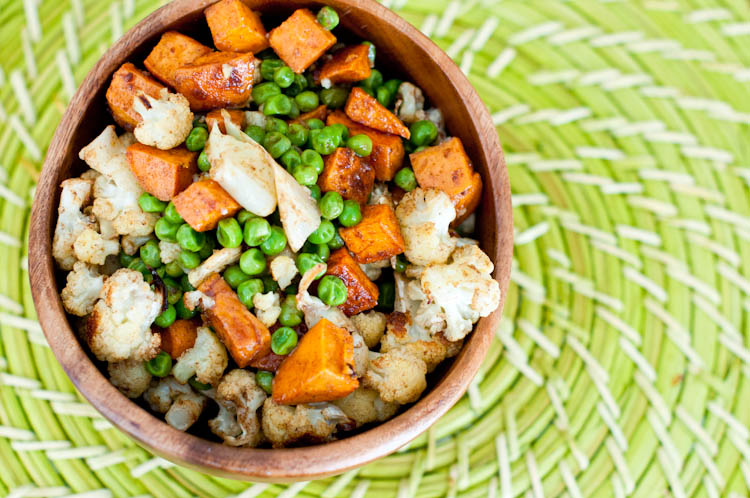 Indian-Spiced Roasted Cauliflower, Sweet Potatoes, and Green Peas