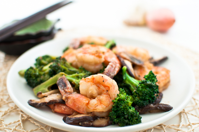 Shrimp, broccoli, and shitake mushroom stir-fry recipe from Cook Smarts