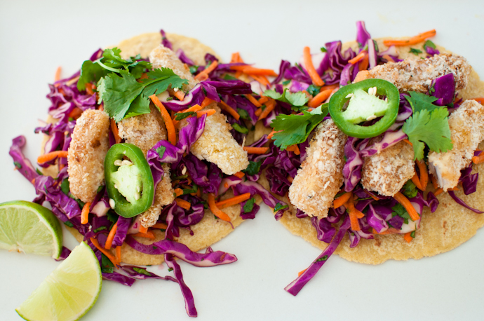Panko-crusted fish tacos with cabbage slaw