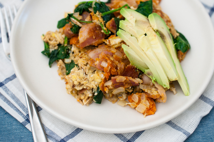 Bacon and Sweet Potato Scramble with Spinach and Avocado Recipe