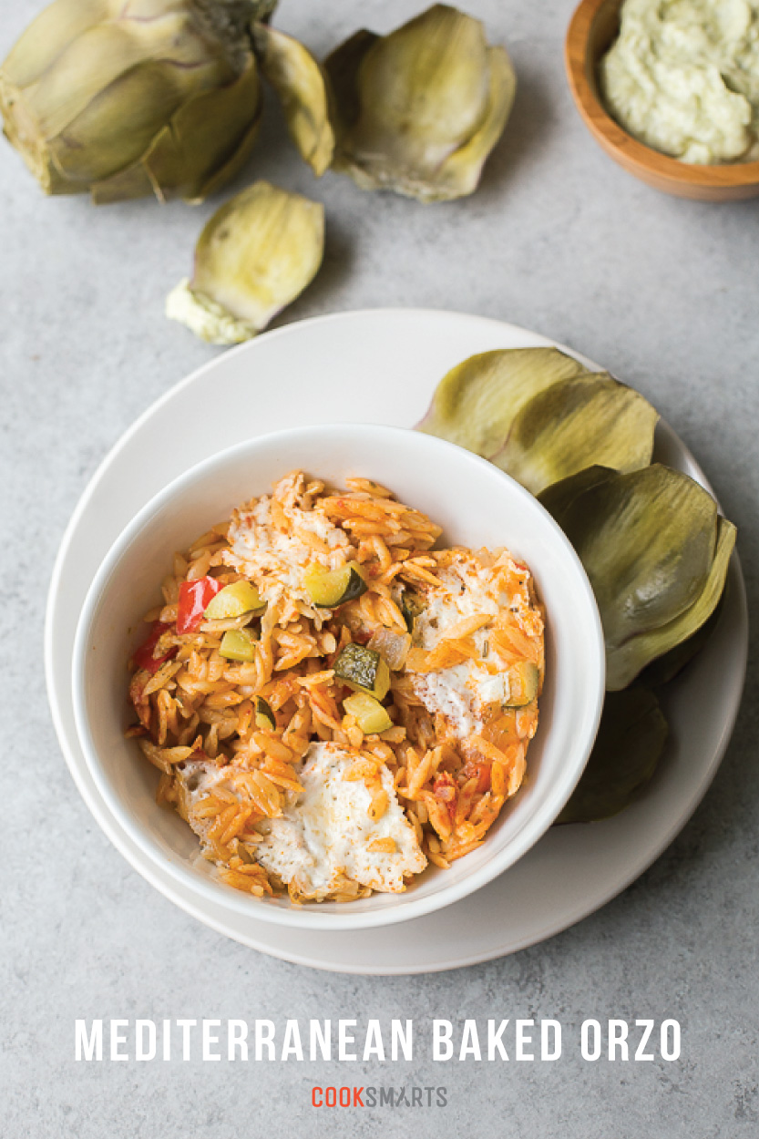 Weeknight Recipe: Mediterranean Baked Orzo with Steamed Artichokes via @cooksmarts