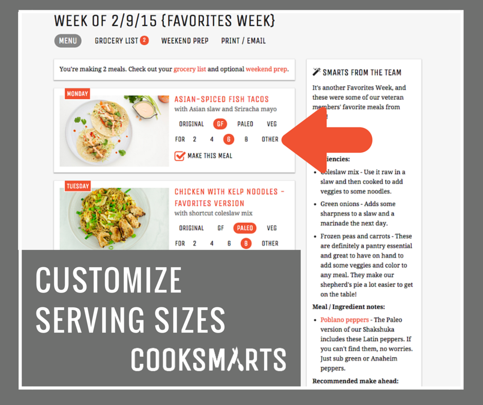 Customize serving sizes for each @cooksmarts meal