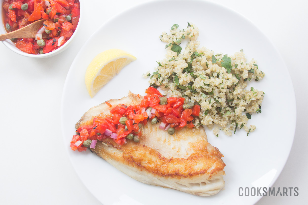 Pan-Seared Tilapia with Roasted Red Pepper Salsa and Lemon-Herb Quinoa | #mealplan via @CookSmarts