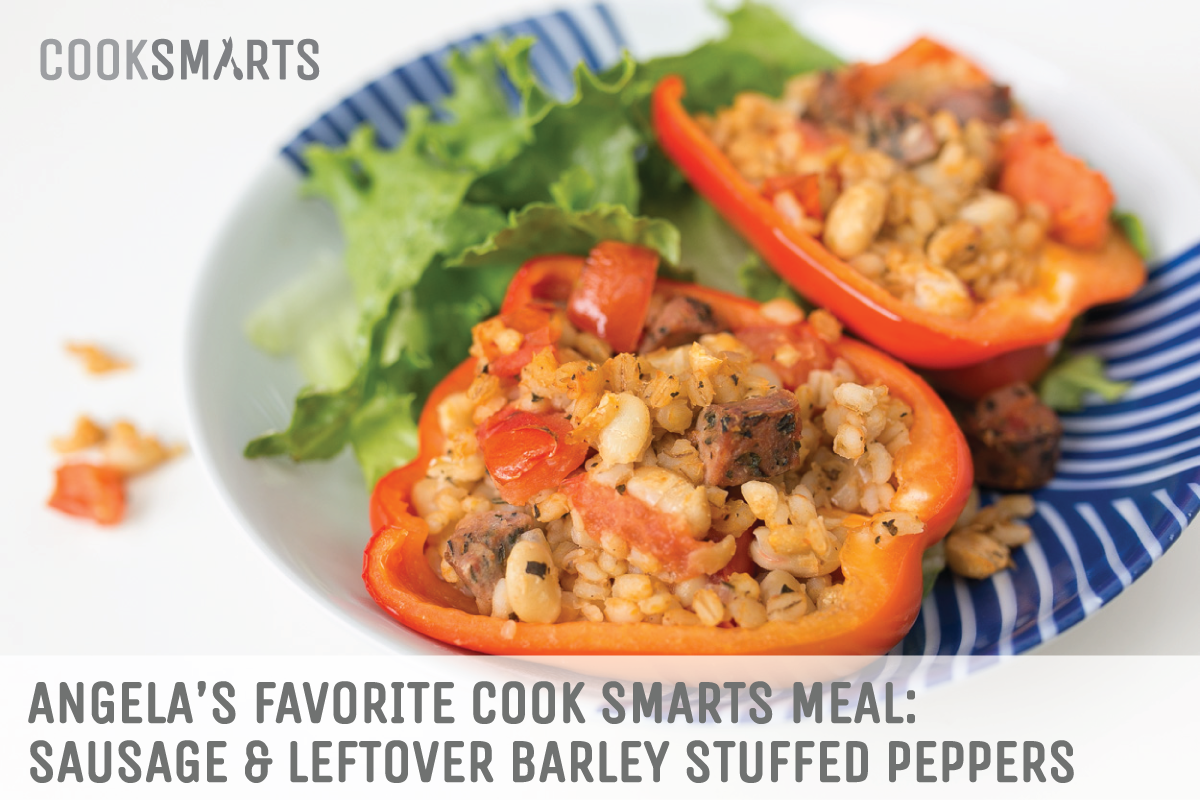 Angela's favorite @CookSmarts meal: Sausage and Leftover Barley Stuffed Peppers