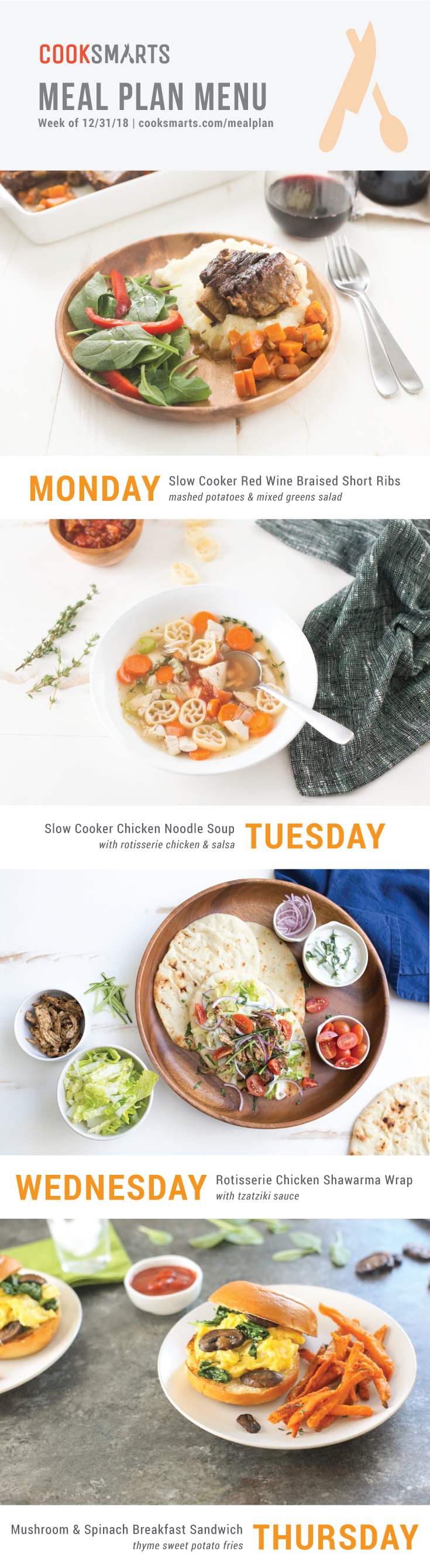 Weekly Meal Planner | Menu for Week of 12/31/18 via Cook Smarts
